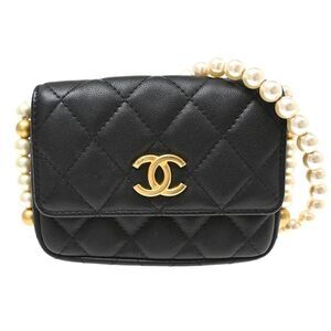 Chanel About Pearls Flap Card Holder With Chain Lambskin Black Leather Shoulder